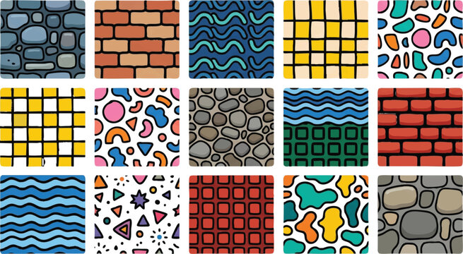 Seamless patterns collection featuring colorful hand drawn geometric shapes bricks stones and wave lines for various creative background projects and digital textile design surfaces