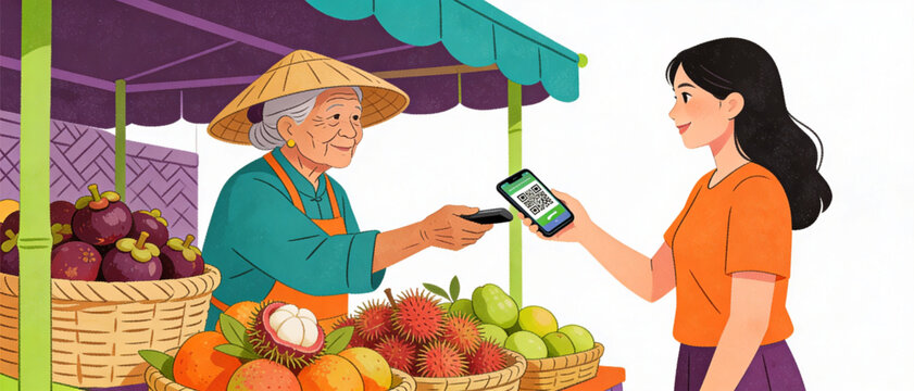 Seamless Digital Payment in a Traditional Setting Customer Pays Elderly Fruit Vendor with Mobile QR Code at Vibrant Market