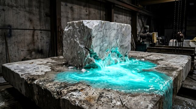 A raw marble block fractures to release a glowing stream of turquoise energy, a powerful metaphor for the hidden brilliance and untapped creative potential residing within a rough exterior.