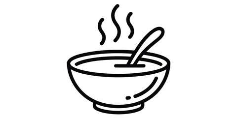 Simple line icon of a hot bowl of soup with a spoon and rising steam Vector, illustration © Nippon_Art Gallery