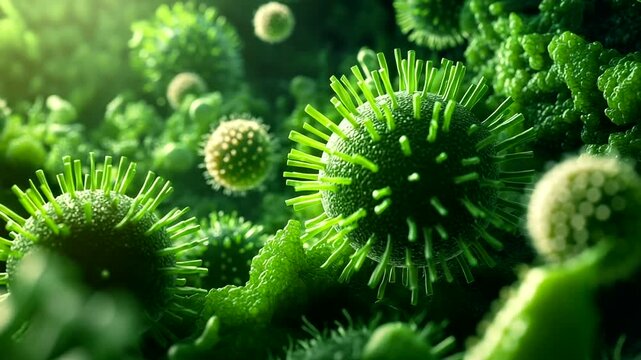 Close-up of vibrant green viruses in microscopic view