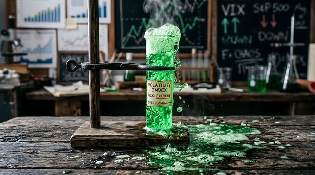 Vibrant green chemical reaction overflows from a test tube labeled Volatility Index, serving as a visceral metaphor for explosive market instability and the chaotic nature of extreme risk.