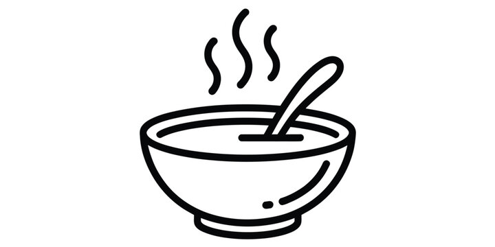 Simple line icon of a hot bowl of soup with a spoon and rising steam Vector, illustration