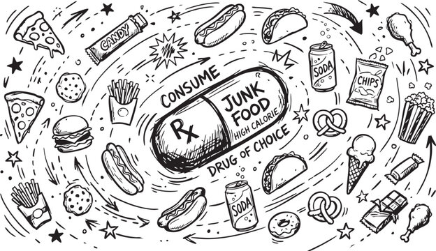 Junk food doodle illustration featuring a medication capsule shape surrounded by unhealthy fast food items like pizza burger fries soda and snacks on white background