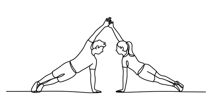 Man and woman doing a side plank exercise together with high five hands in a continuous line art drawing style Vector, illustration