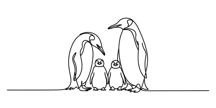 Continuous single line drawing of a cute penguin family with two adult birds and two small baby chicks standing together in a simple artistic style Vector, illustration