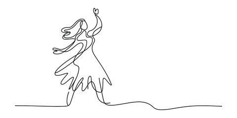 Naklejka premium Continuous single line drawing of a happy woman dancing in a dress Vector, illustration