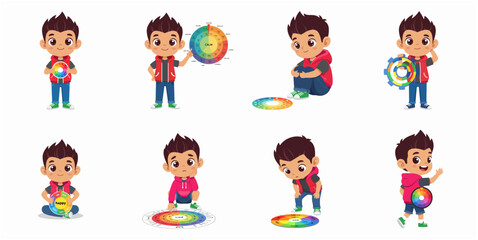 Fototapeta premium Little boy character set exploring and learning emotions through colorful emotion wheels
