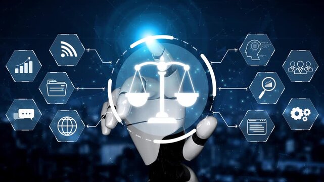 Futuristic digital law interface displaying justice scale, highlighting digital law, AI compliance, digital law systems, and digital law regulations for secure governance. Muxer