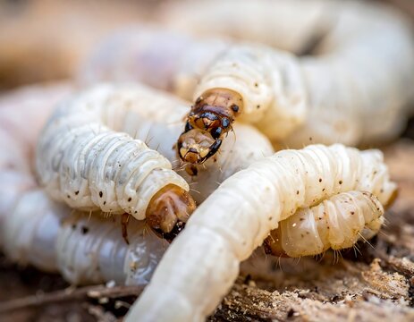 Larvae and insect on wood surface.