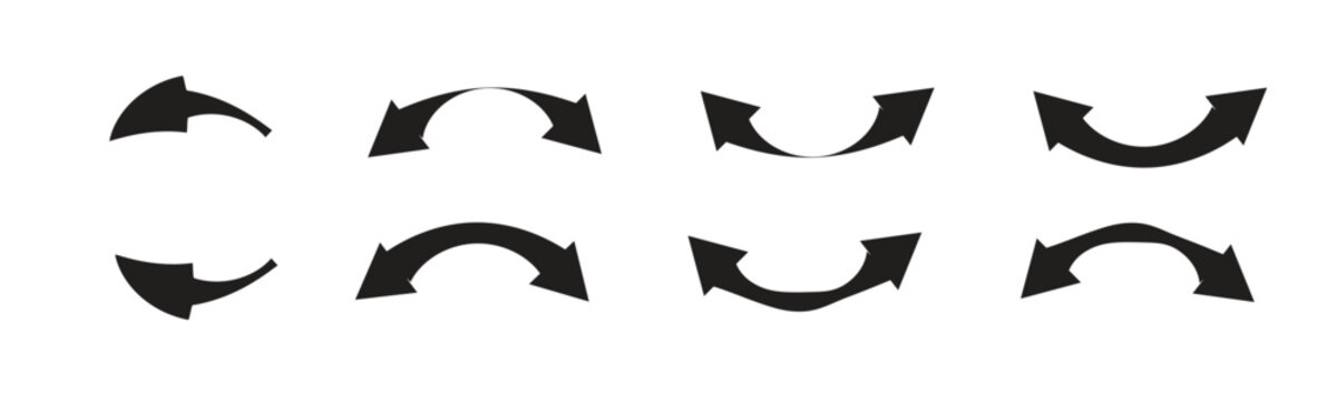 Black silhouette collection of curved arrow symbols and double headed directional pointers for web design.