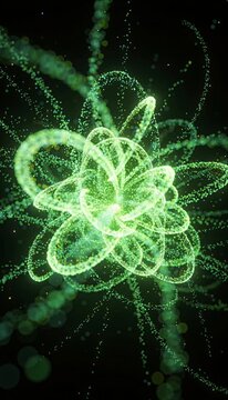 Green energy swirl glowing particle abstract light quantum wave neon spiral science background digital art vortex motion trail cosmic glow futuristic design data stream atomic structure cosmic pattern
