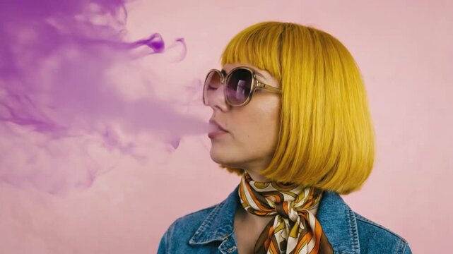 woman with a blonde wig wearing a denim jacket and sunglasses, blow a purple smoke on light pink background