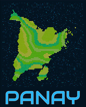 Panay hexagon dots map. Philippines. Digital style shape of the island. Panay map and title. Tiny green colored hexagons, sparse blue dots at background. Vector Illustration.