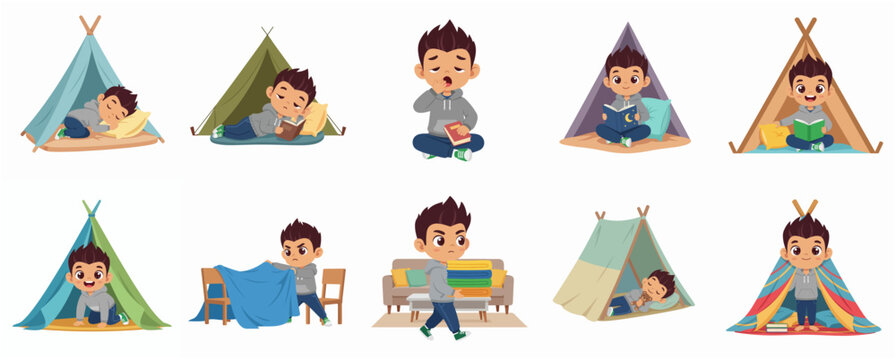 Cute Little Boy Character Set Playing in Indoor Teepee Tents Reading Books and Sleeping Illustration