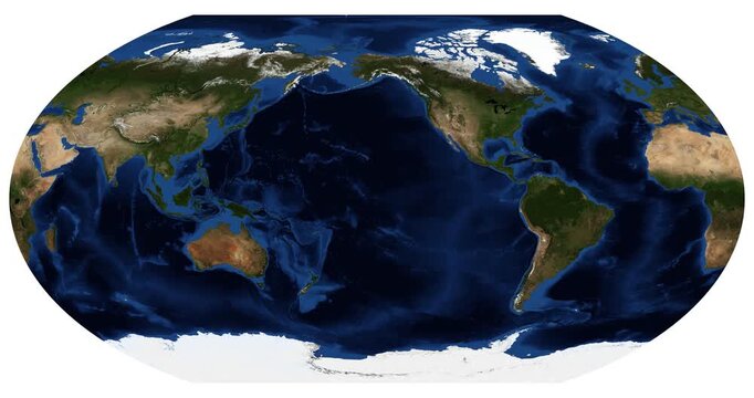 World Map in Wagner VI Projection. Animated longitude shift and rotation. High detail physical map of Earth. June View. Elements of this video furnished by NASA.