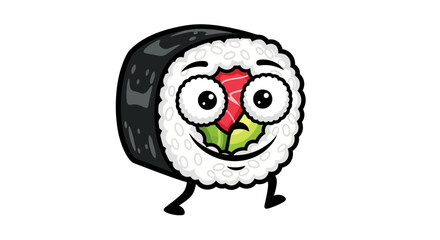 Cute Cartoon Sushi Roll Mascot Character Walking on White Background © jaka-Stock