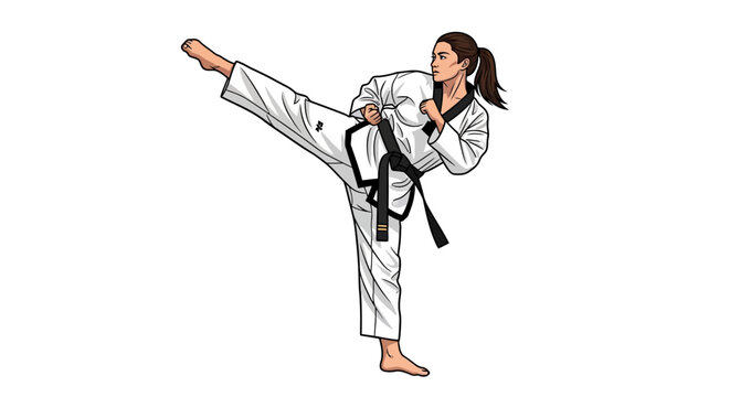 Woman in Taekwondo Uniform Performing a High Kick. Vector Illustration of a Martial Artist.