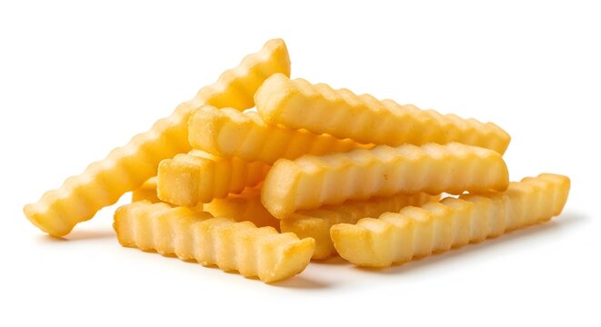 Golden Wavy Cut French Fries Isolated on White Background for Fast Food Restaurant Menus and Snack Product Promotions between 100 and 150 characters