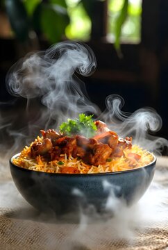 Delicious Spicy Chicken Biryani with Steam Rising