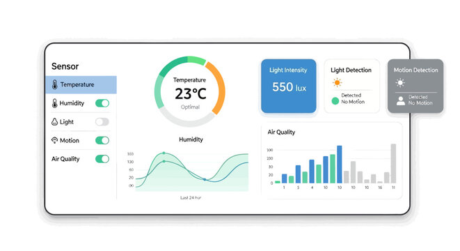 Smart Home Sensor Dashboard UI with Temperature, Humidity, Light, Motion, and Air Quality Monitoring