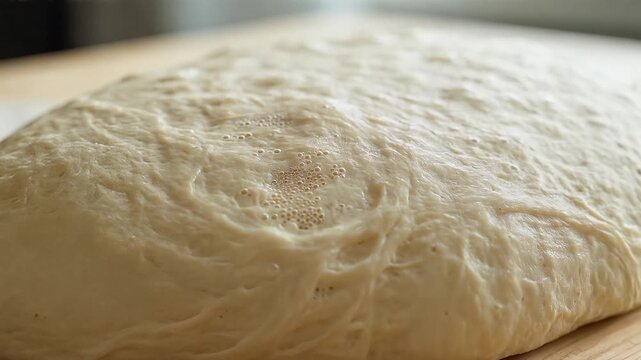 Closeup of hands kneading raw dough on a wooden surface for baking.