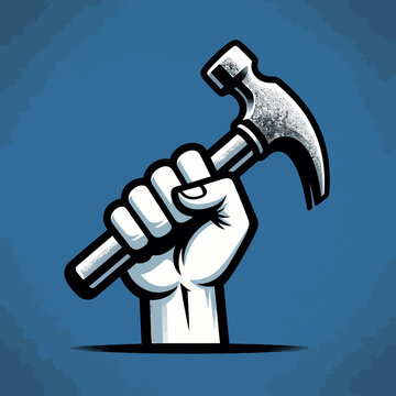 A stylized graphic illustration of a strong hand gripping a claw hammer against a solid blue background.