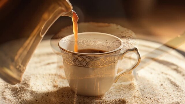 Traditional Turkish Coffee Preparation and Pouring into a Cup.