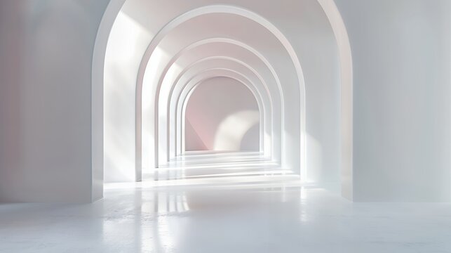 Bright minimalist white arched corridor with soft sunlight and geometric shadows, modern architectural design