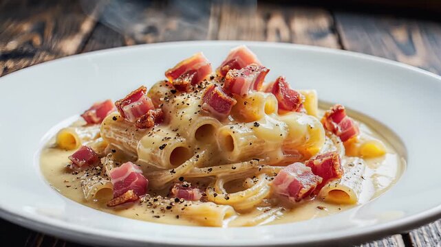 Delicious Pasta Carbonara with Pancetta and Creamy Sauce on a White Plate.