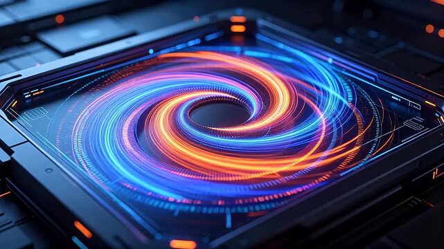 Abstract square device with spiral light effects and digital patterns
