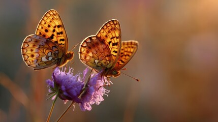 Fototapeta premium Two Vibrant Butterflies Perched on Delicate Purple Flower Amidst Soft Blurred Background of Nature's Colors and Light in Warm Afternoon Glow