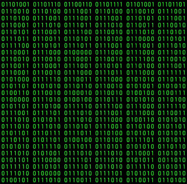 Abstract green digital binary code background with data streaming.