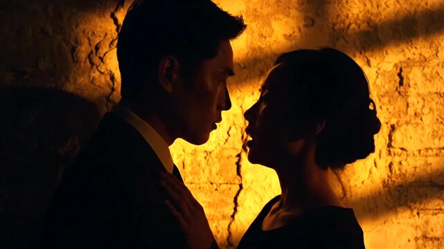 Silhouette of romantic couple facing each other in warm golden light.