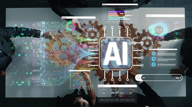 Collaborative Business Meeting with AI Technology and Data Analysis in Modern Workspace for Strategic Decision Making Sigmoid