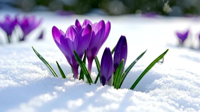 Purple crocus flowers in snowy field.