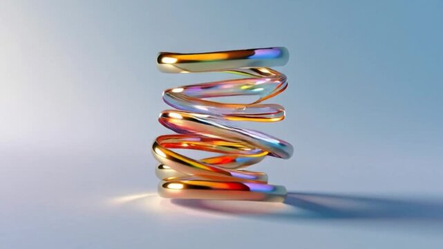 Abstract Glass Spring Sculpture with Iridescent Reflections.