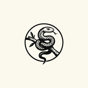 Vector illustration of a snake logo icon wrapped around a wooden branch