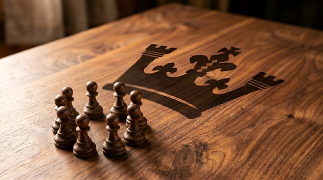 Small wooden chess pawns cast a giant crown shadow symbolizing teamwork strength and hidden leadership potential