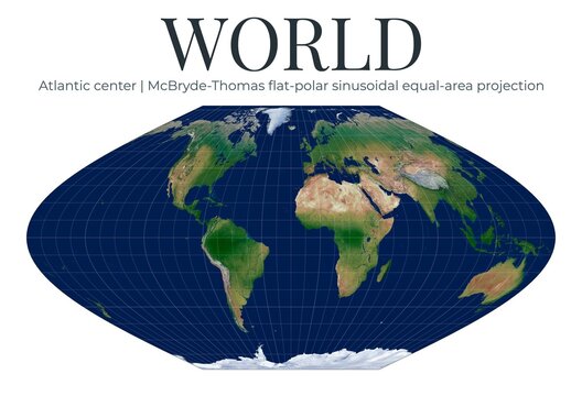 World Map. McBryde-Thomas flat-polar sinusoidal equal-area projection. Atlantic center. Physical map with reduced polar distortion.