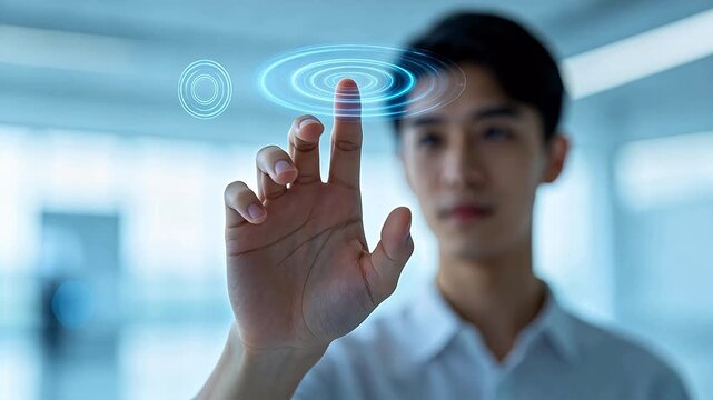 Person touching virtual interface with blue holographic ring in modern room