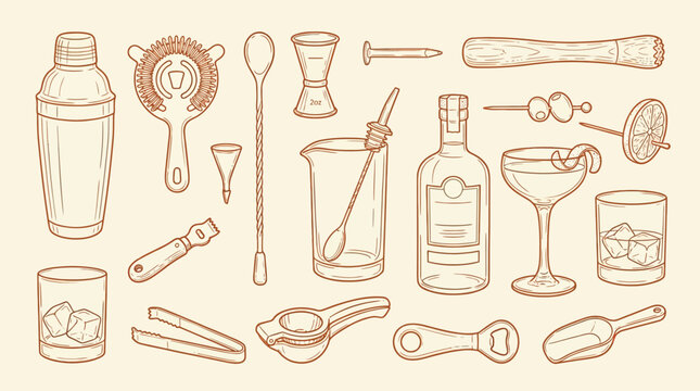A collection of vintage-style illustrations of bar tools and cocktail ingredients, presented on a light beige background.