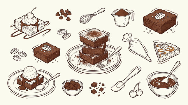 A delightful assortment of hand-drawn illustrations showcasing various decadent brownie desserts, from classic squares to elegantly plated creations with toppings.