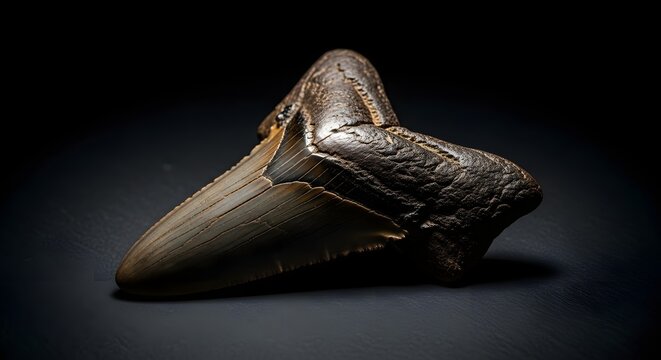 Fossilized Megalodon Shark Tooth Isolated on Black Background.