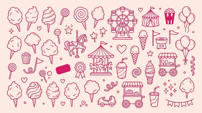 A delightful collection of pink line art illustrations depicting various elements of a funfair or carnival, including rides, treats, and decorations.