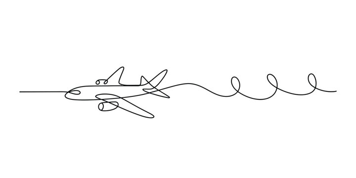 Continuous single line drawing of a passenger airplane flying with a swirl trail Vector, illustration