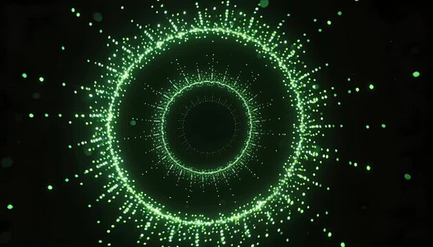 Green particle circle glowing ring abstract background digital wave neon light motion blur futuristic pattern bright energy smooth loop spiral tunnel luminous curve dot vortex design dark space