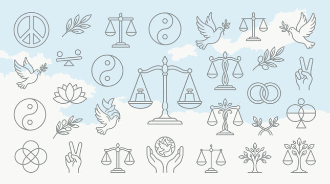 A collection of line art icons representing peace, justice, harmony, and balance, set against a soft blue sky with clouds.