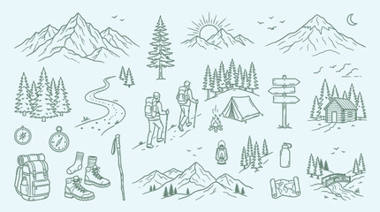 A collection of hand-drawn illustrations depicting various elements of hiking and camping adventures in a natural mountain landscape. © KN collection
