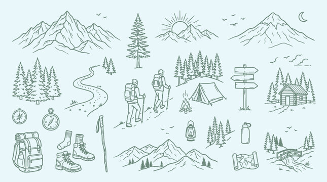 A collection of hand-drawn illustrations depicting various elements of hiking and camping adventures in a natural mountain landscape.